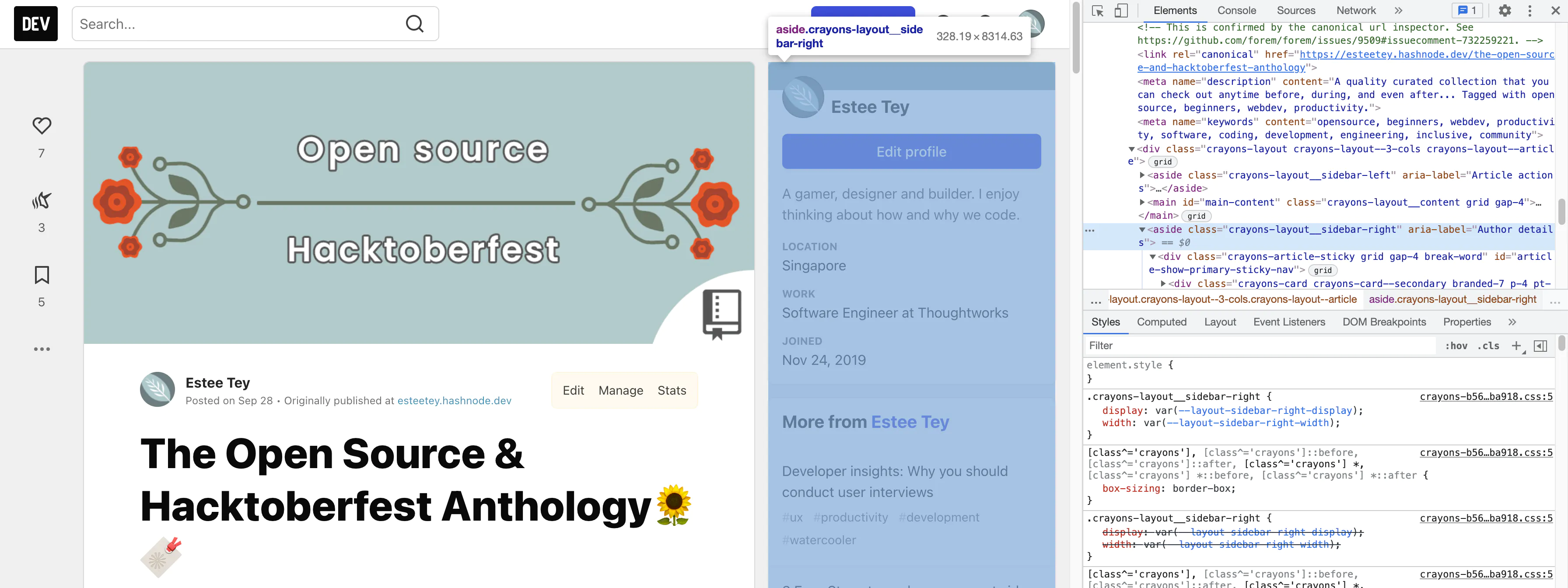 Inspector showing popup above sidebar component to preview what classes the component has